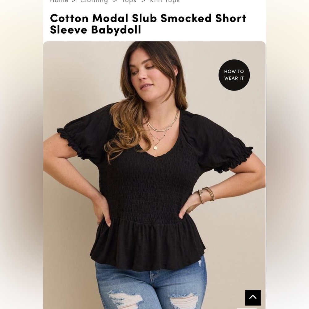 TORRID COTTON MODAL SLUB SHORT SLEEVE SMOCKED BABYDOLL TOP 3X BLACK